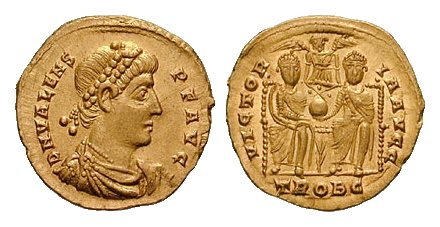 Ova slika prikazuje kovani novčić rimskog cara Valensa