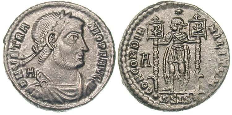 Ova slika prikazuje primjer rimskoga kovanog novca s natpisom Flavius Vetranio Augustus