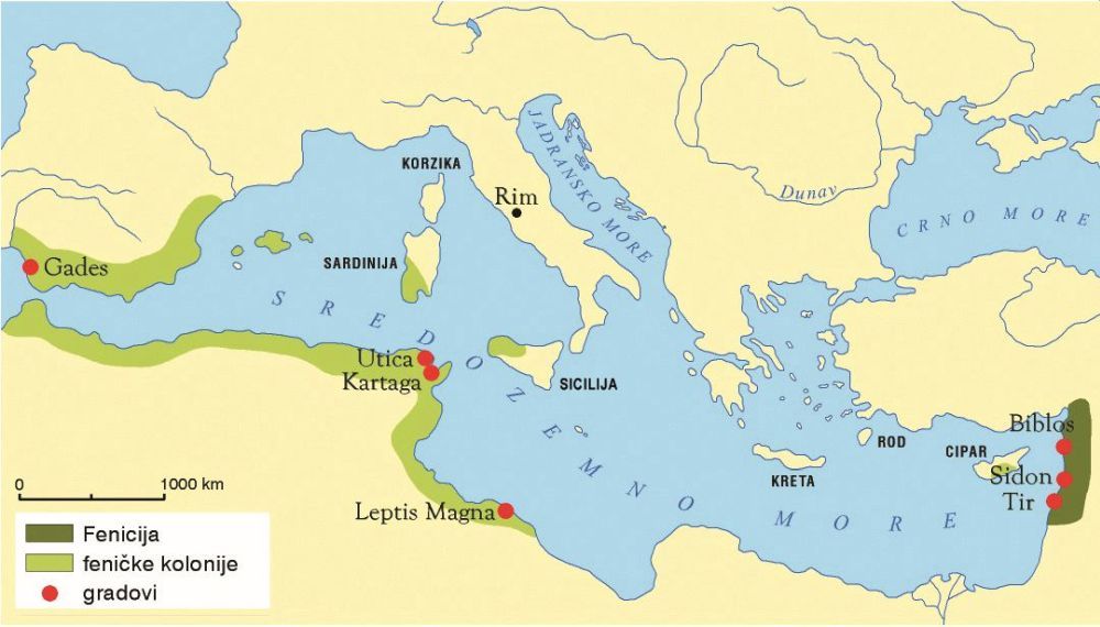 Na ovoj je slici prikazana karta s položajem Fenicije, feničkih kolonija i Kartage.