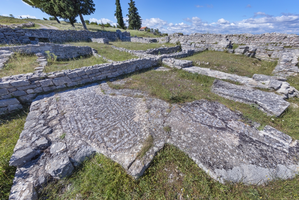 Ova slika prikazuje ostatke mozaika na antičkom lokalitetu Varvaria blizu Bribira