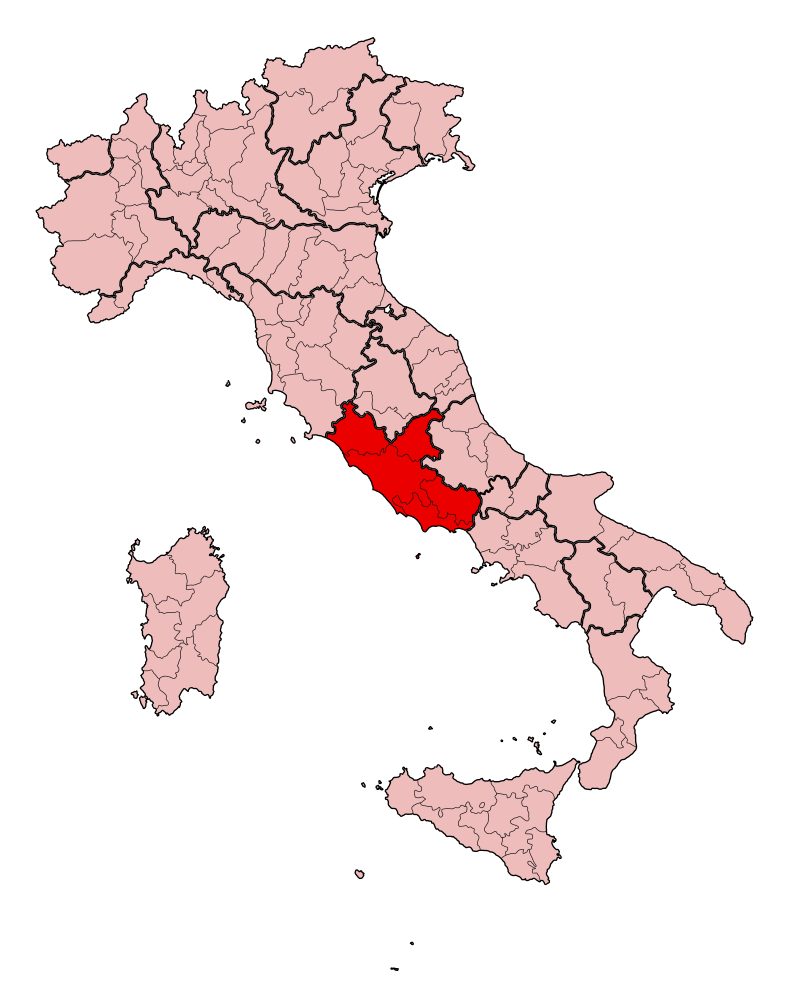 Na karti Italije prikazan je položaj Lacija.