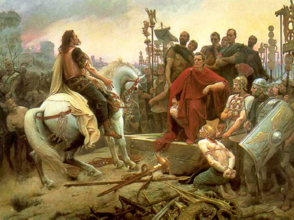 Ova slika prikazuje predaju Vercingetoriksa Cezaru.