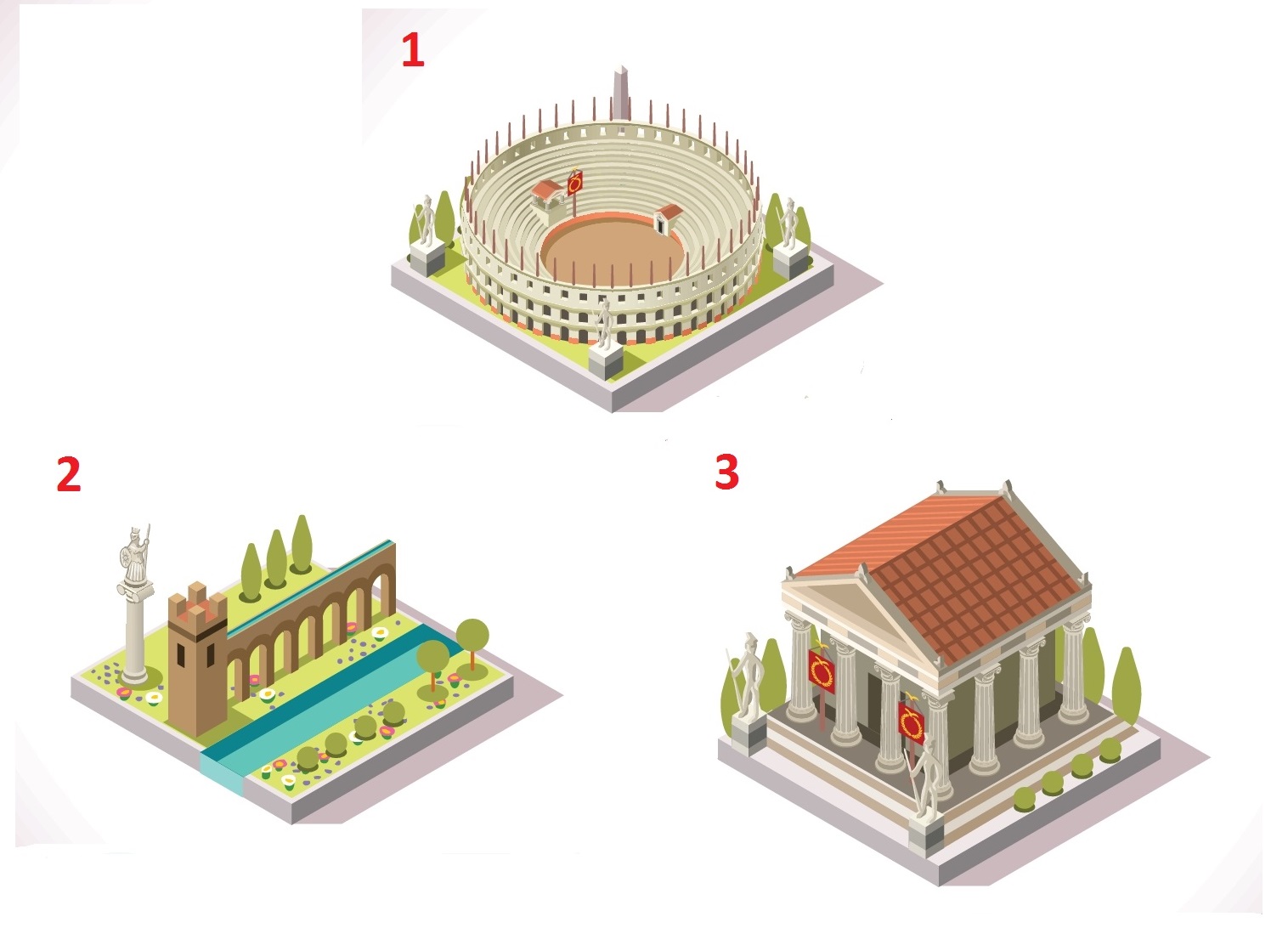 U zadatku se nalaze tri slike: amfiteatar, akvadukt i hram.