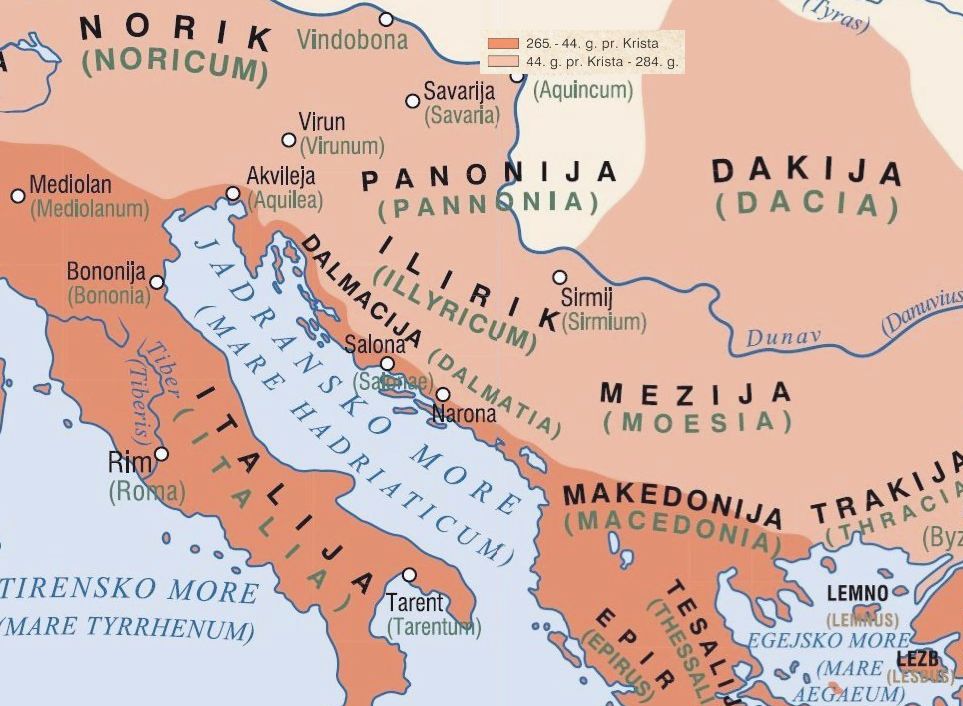 Ova slika prikazuje geografsku kartu rimskih područja u području Hrvatske i okolnih područja