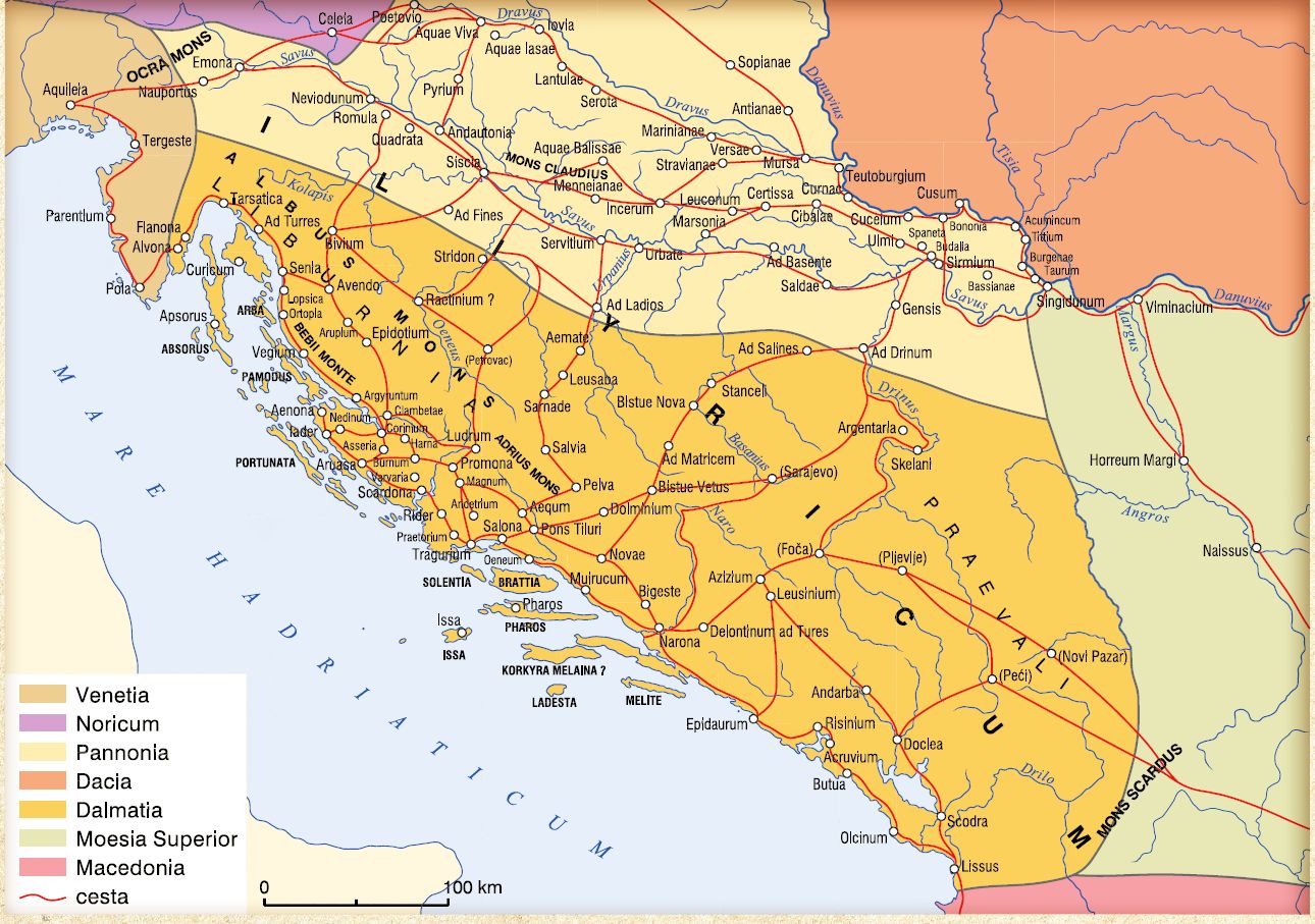 Ova slika prikazuje zemljopisnu kartu Hrvatske i okolnih zemalja u rimsko doba s ucrtanim rimskim cestama.