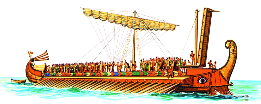 Ova slika prikazuje jednu vrstu rimskog broda s mnogo veslača i jedrom.