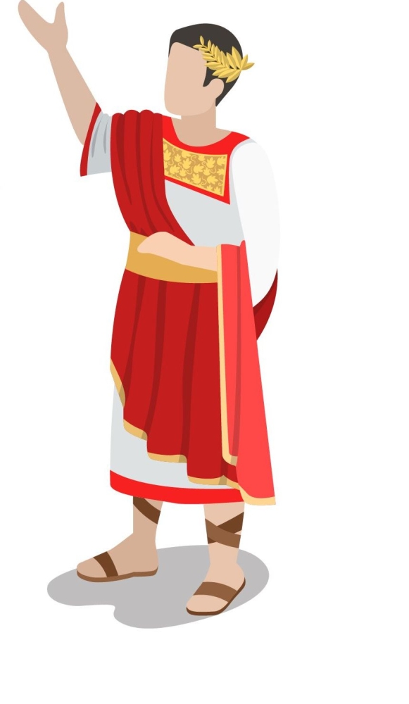Na ovoj je slici prikazan rimski vojskovođa / car u odjeći tipičnoj za tu dužnost, u bijeloj haljini s crvenim obrubom i s crvenim plaštem.