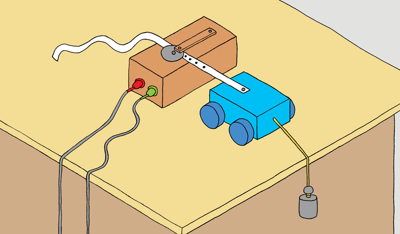 Kolica povezana papirnom trakom s električnim tipkalom i utegom koji pada.