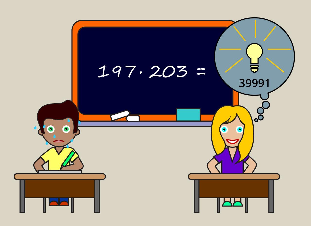 Na slici su učenici koji brojeve 197 i 203 množe napamet ili pisanim računom.