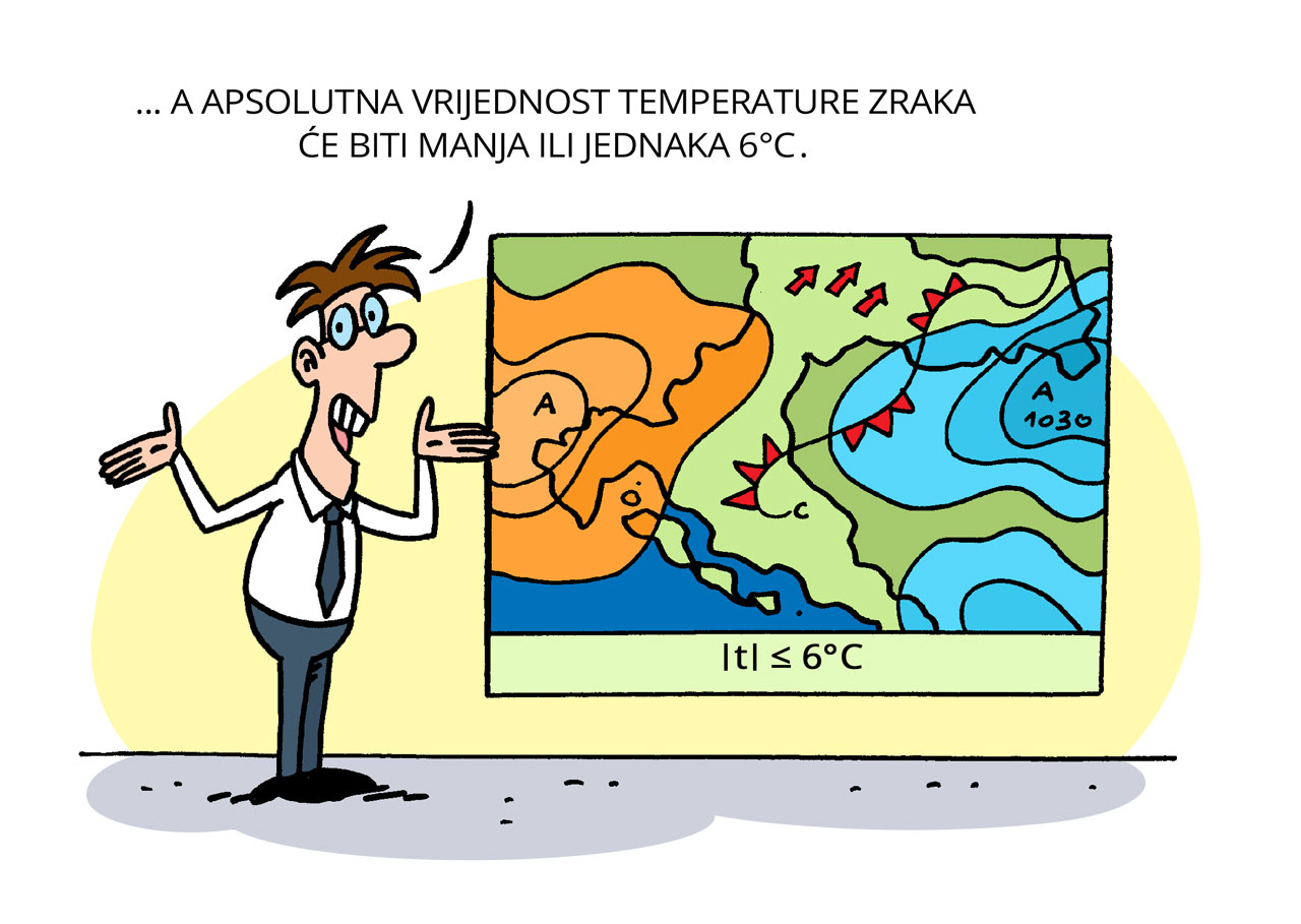 Na slici je meteorolog koji kaže da je apsolutna vrijednost temperature zraka manja ili jednaka 𝟔 °𝐂 ..