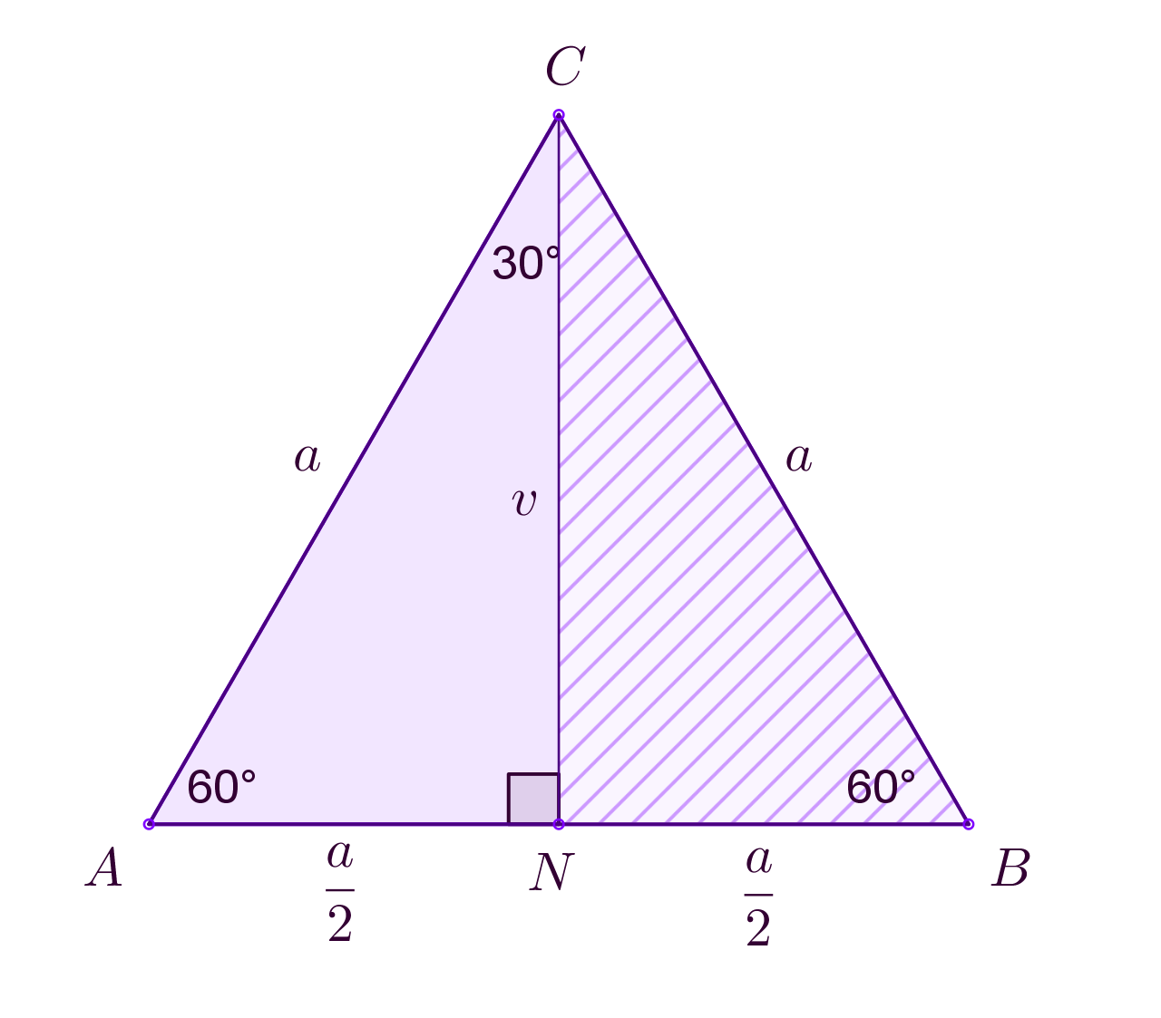 Jednakostraničan trokut podijeljen visinom na dva pravokutna trokuta.