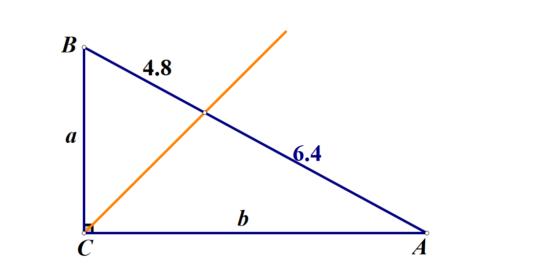 Na slici je pravokutni trokut i simetrala pravog kuta koja dijeli nasuprotnu stranicu na dijelove 4.8 i 6.4. .