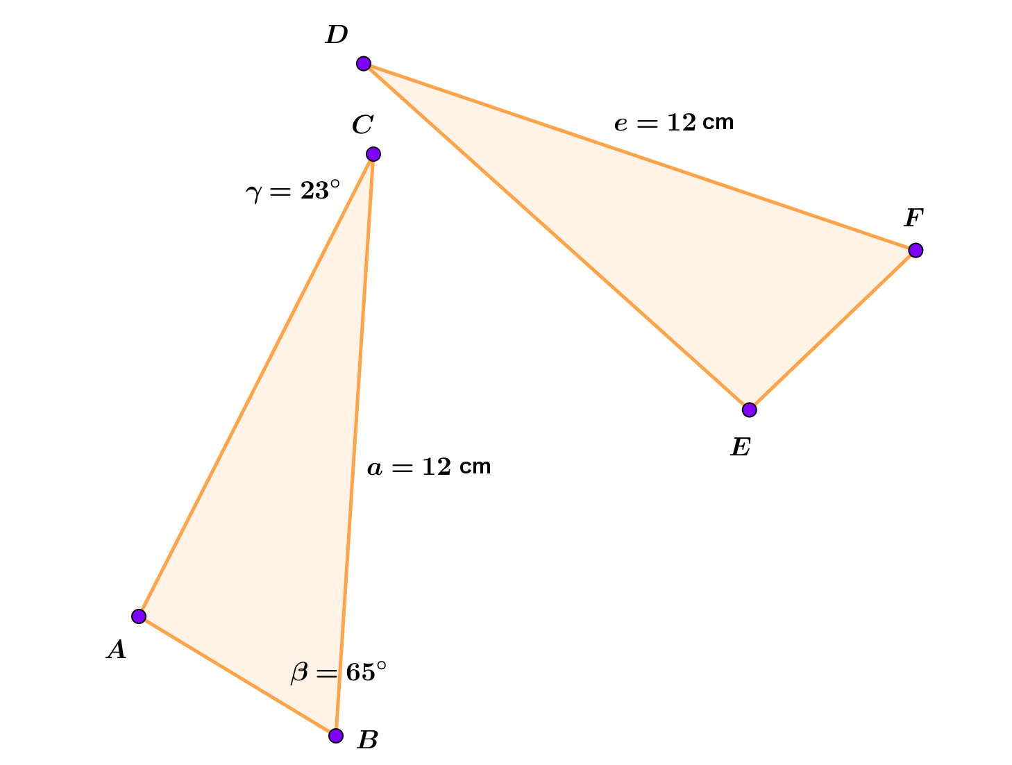 Na slici su trokuti ABC i EFD. Duljina stranice BC je 12 cm, kut pri vrhu B je 65 stupnjeva, a pri vrhu C je 23 stupnja. Duljina stranice FD je 12 cm.
