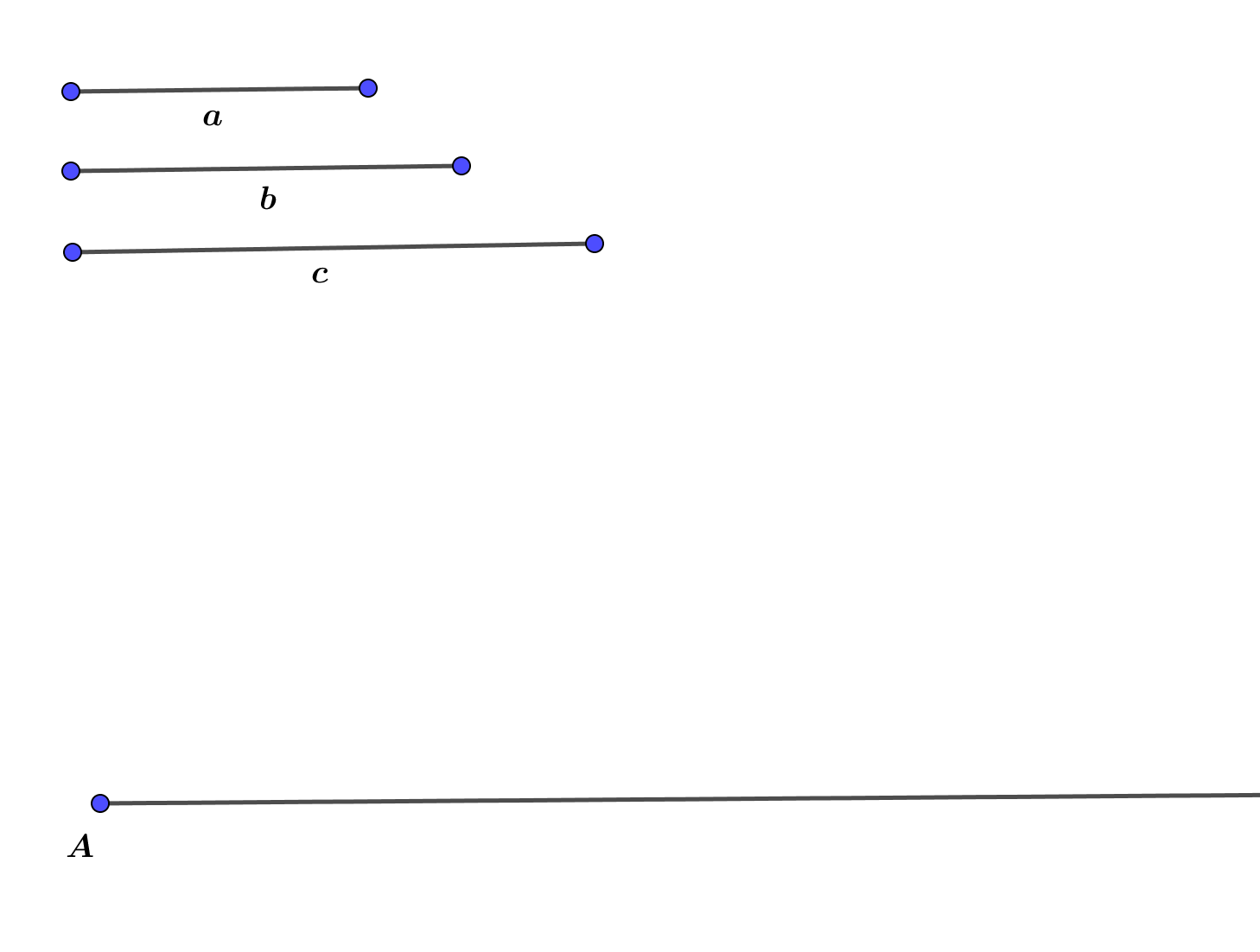 Na slici su dužine a, b i c i polupravac s početkom u točki A.
