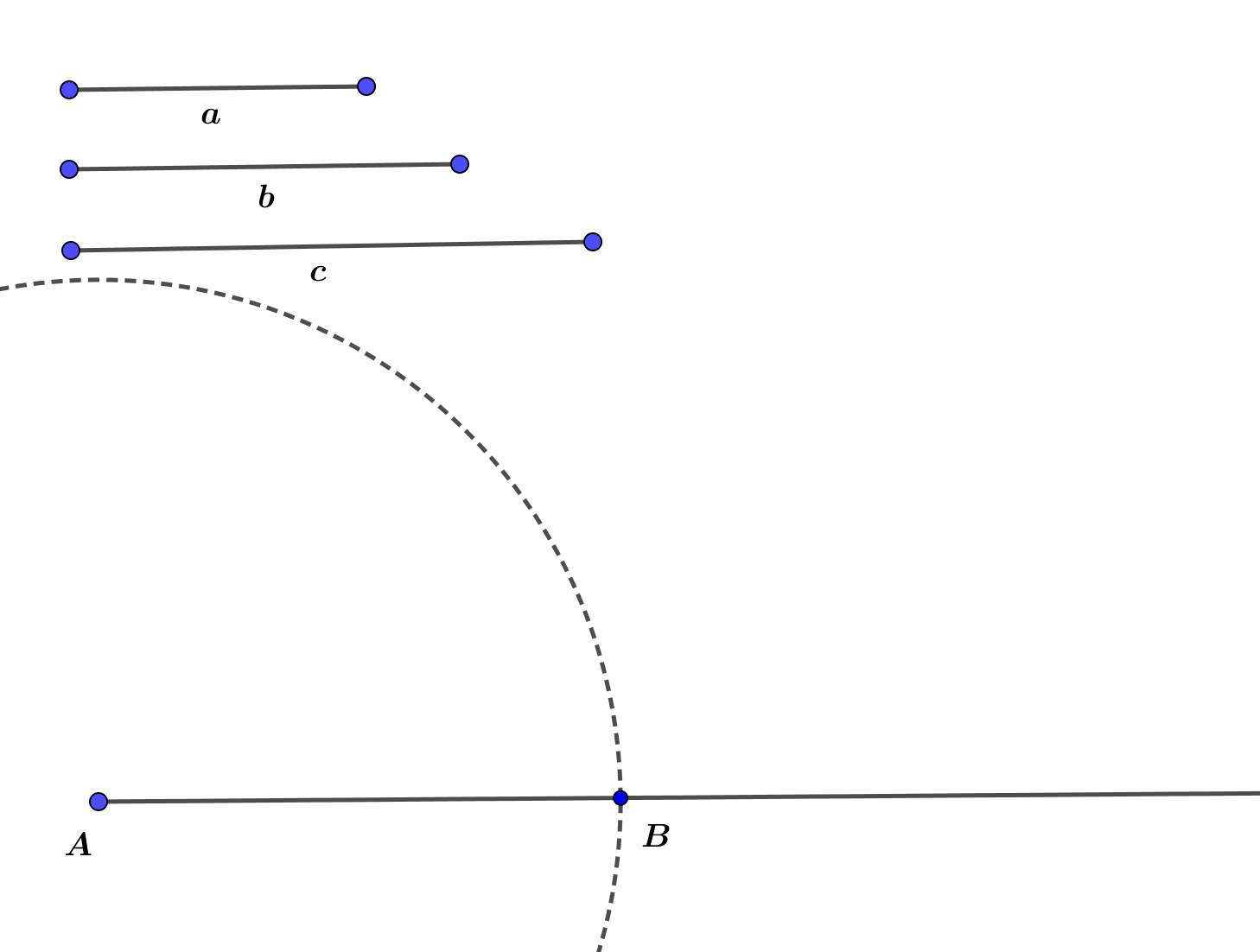 Na slici su dužine a, b, c, polupravac s početkom u točki A i kružnica polumjera c sa središtem u točki A. Sjecište kružnice i polupravca je točka B.