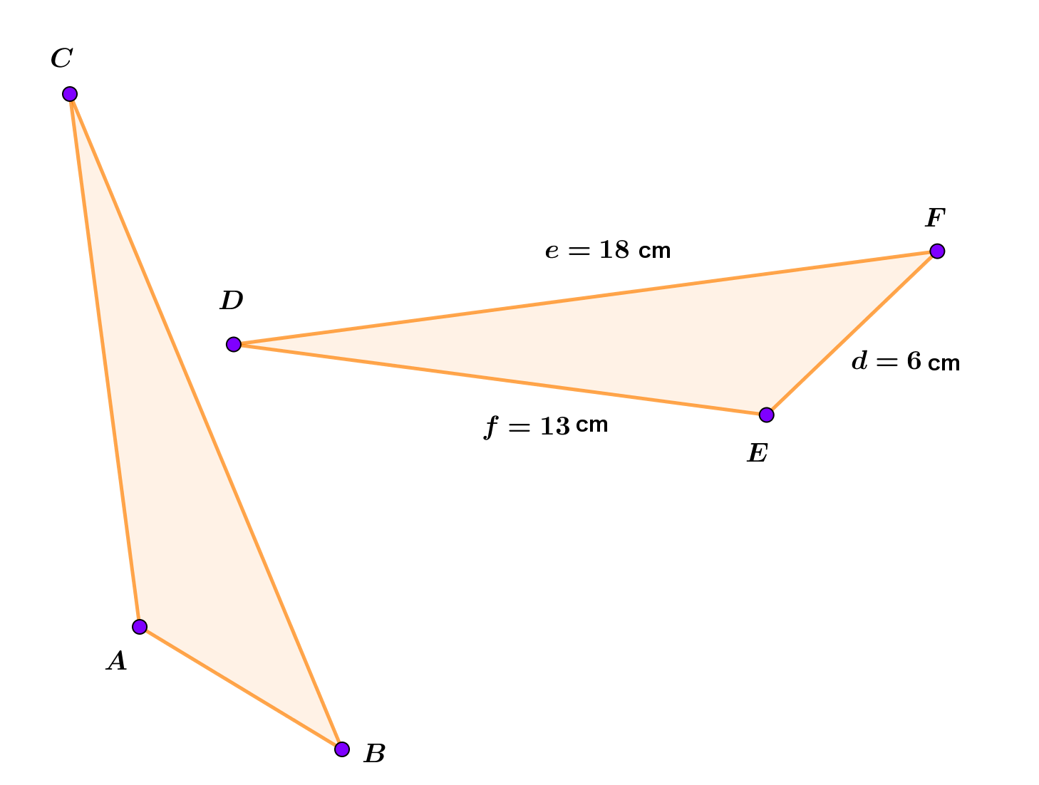 Na slici su dva trokuta. Jedan ima stranice duljina 6 cm, 13 cm i 18 cm. U trokutu ABC najdulja je stranica BC, a najkraća AB.