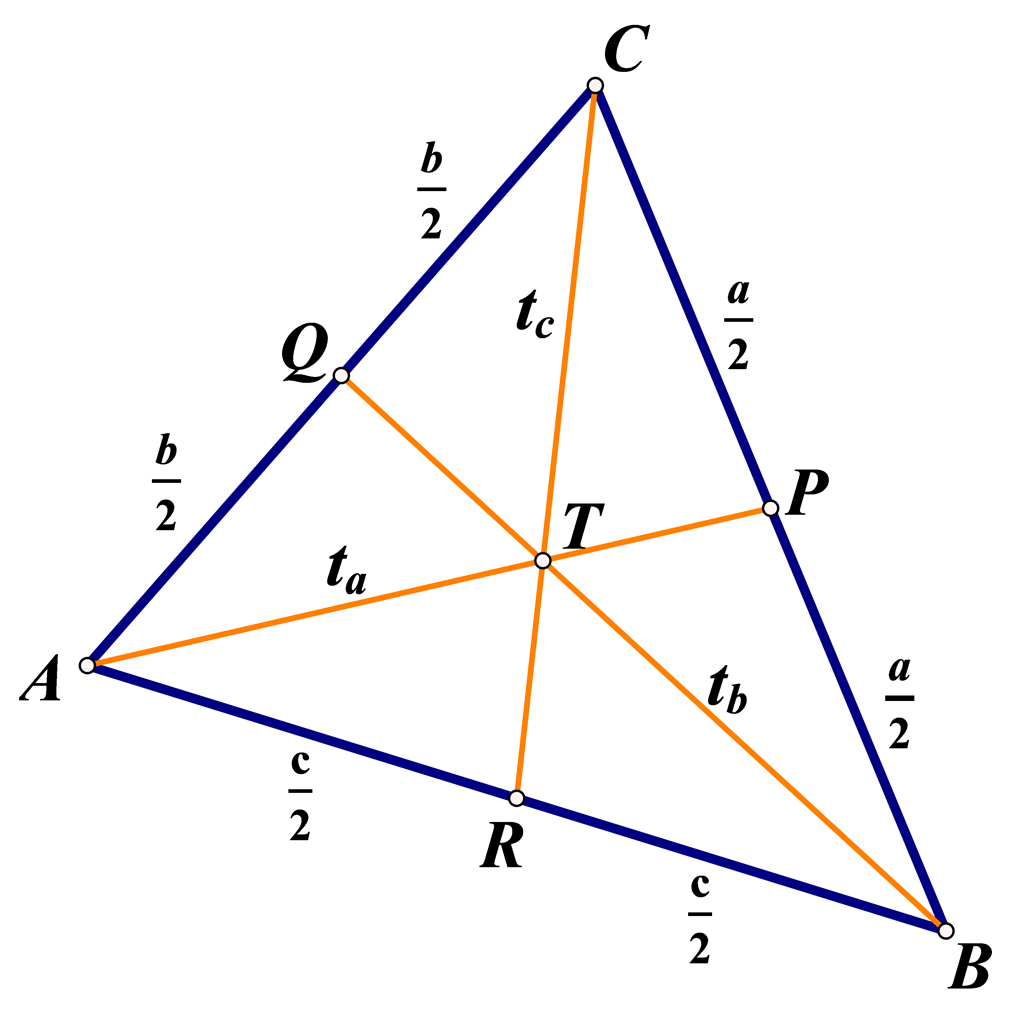 Na slici je trokut s nacrtanim težišnicama i težištem.