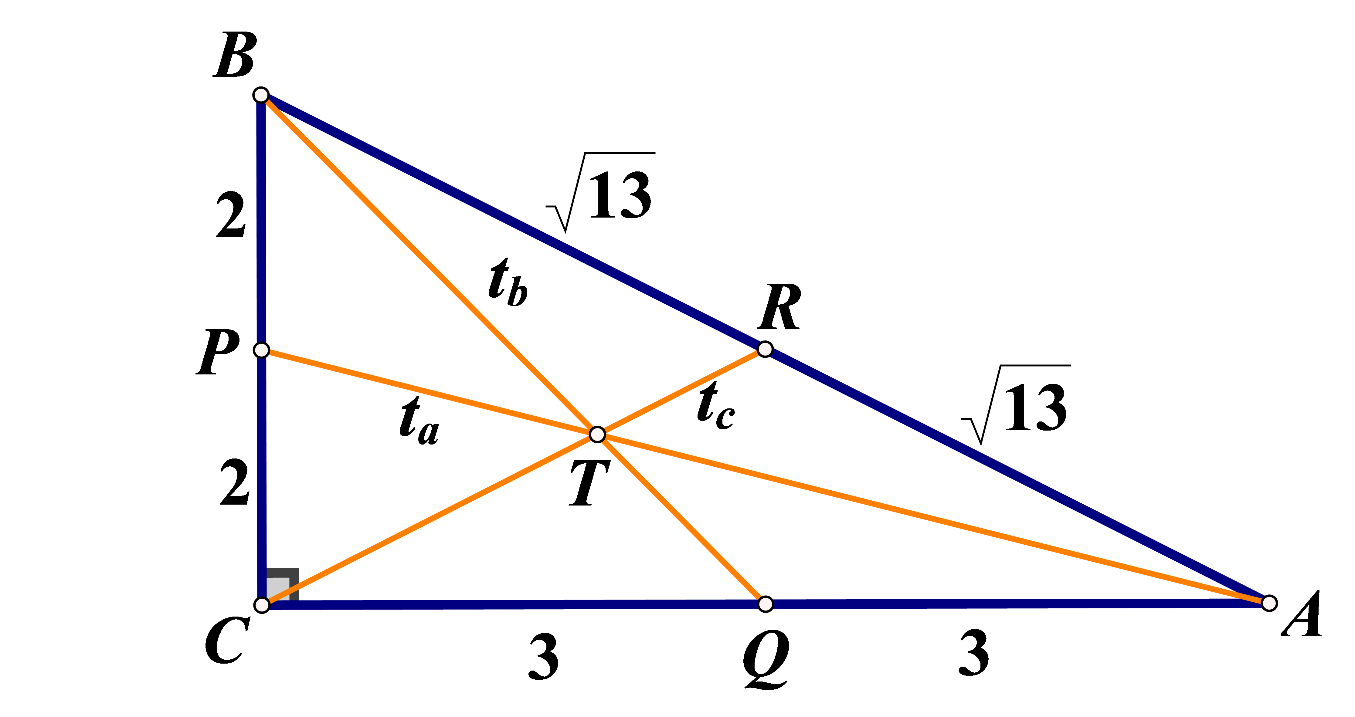 Na slici je težište u pravokutnom trokutu.