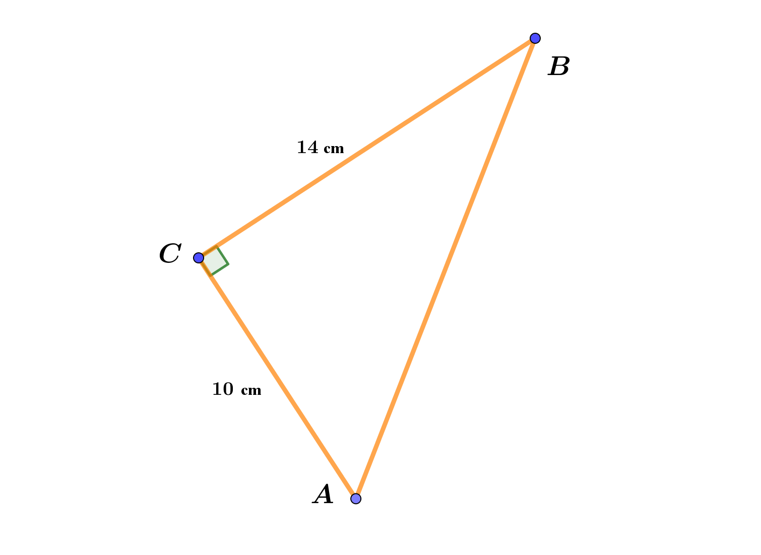Na slici je pravokutni trokut sa katetama duljina 10 cm i 14 cm.
