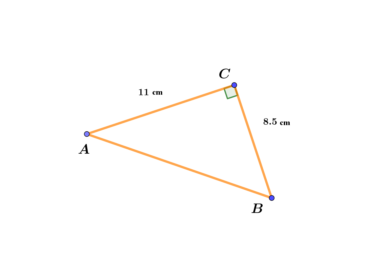 Na slici je pravokutni trokut sa katetama duljina 11 cm i 8.5 cm.