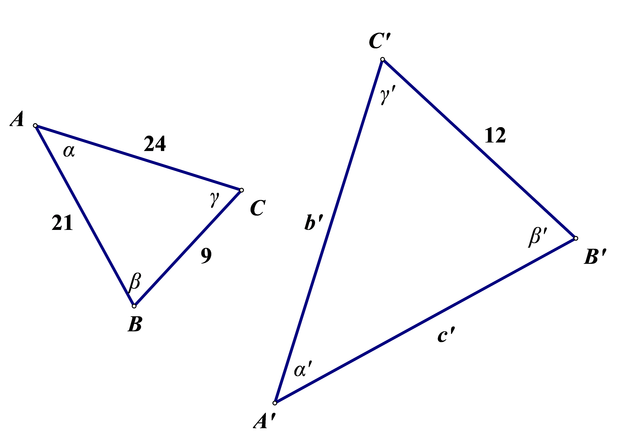 Na slici je trokut s kutovima alfa, beta i gama nasuprot kojih su stranice duljina 9, 24, 21. Slični trokut ima stranicu duljine 12 nasuprot kutu alfa.