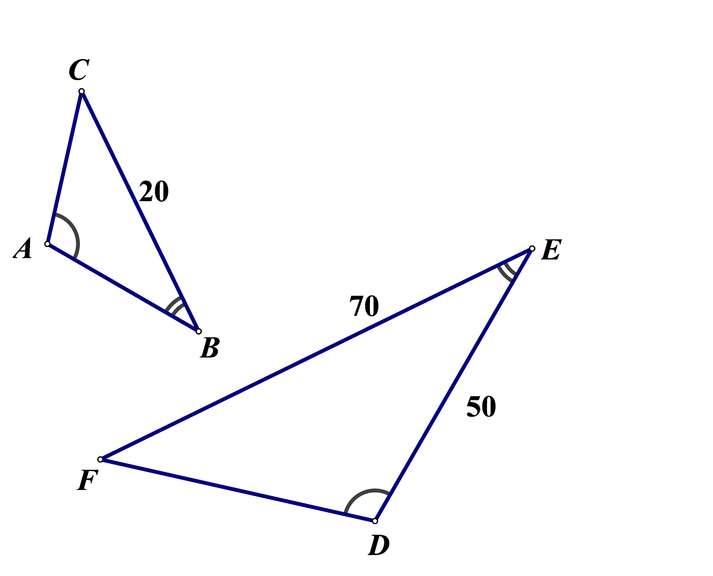 Na slici su trokuti ABC i DEF. Kutovi pri vrhovima A i D su sukladni. Kutovi pri vrhovima B i E su sukladni. Duljina stranice BC je 20, stranice DE je 50, stranice EF je 70.