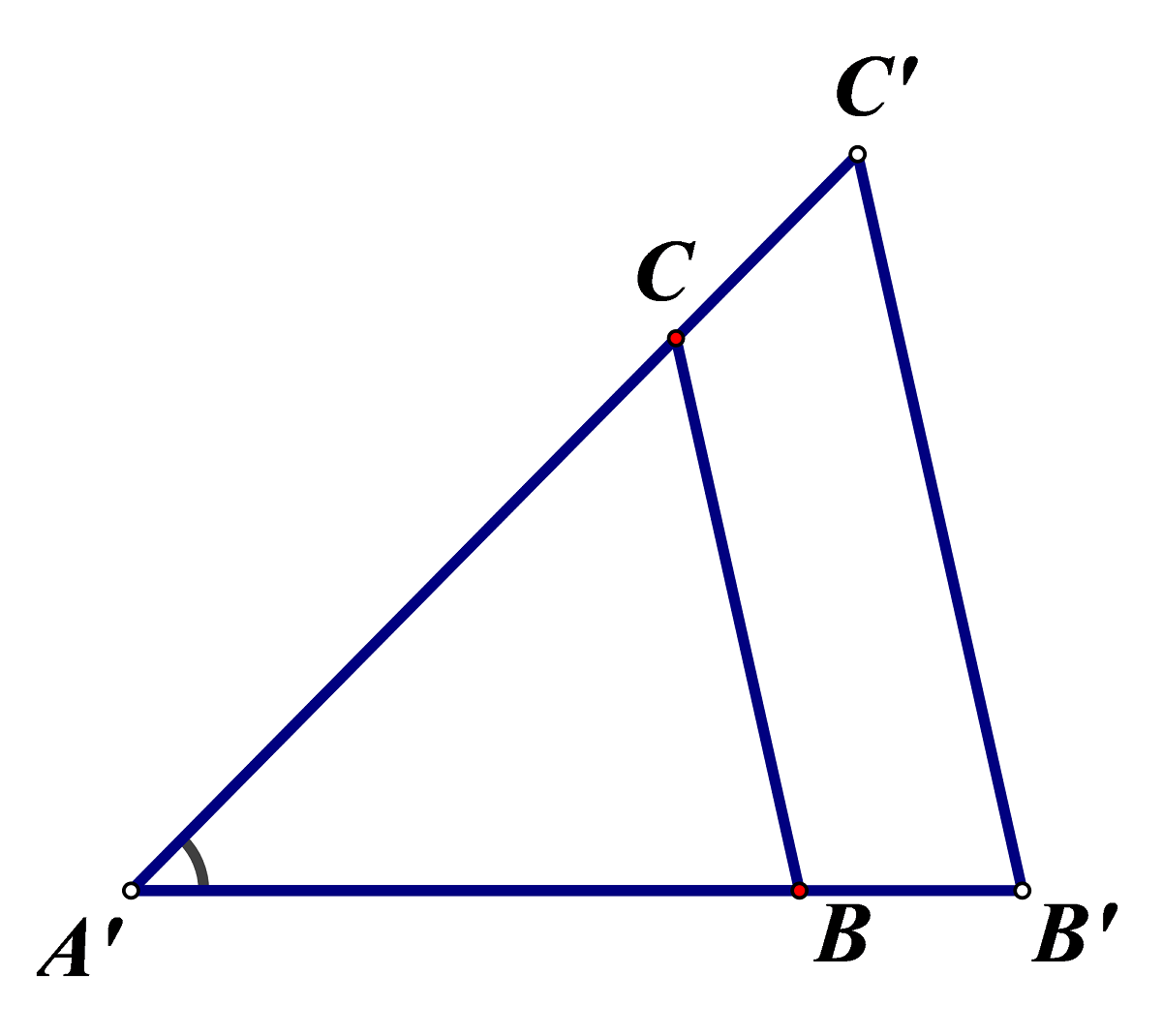 Na slici je skica dokaza S-K-S poučka o sličnosti trokuta.