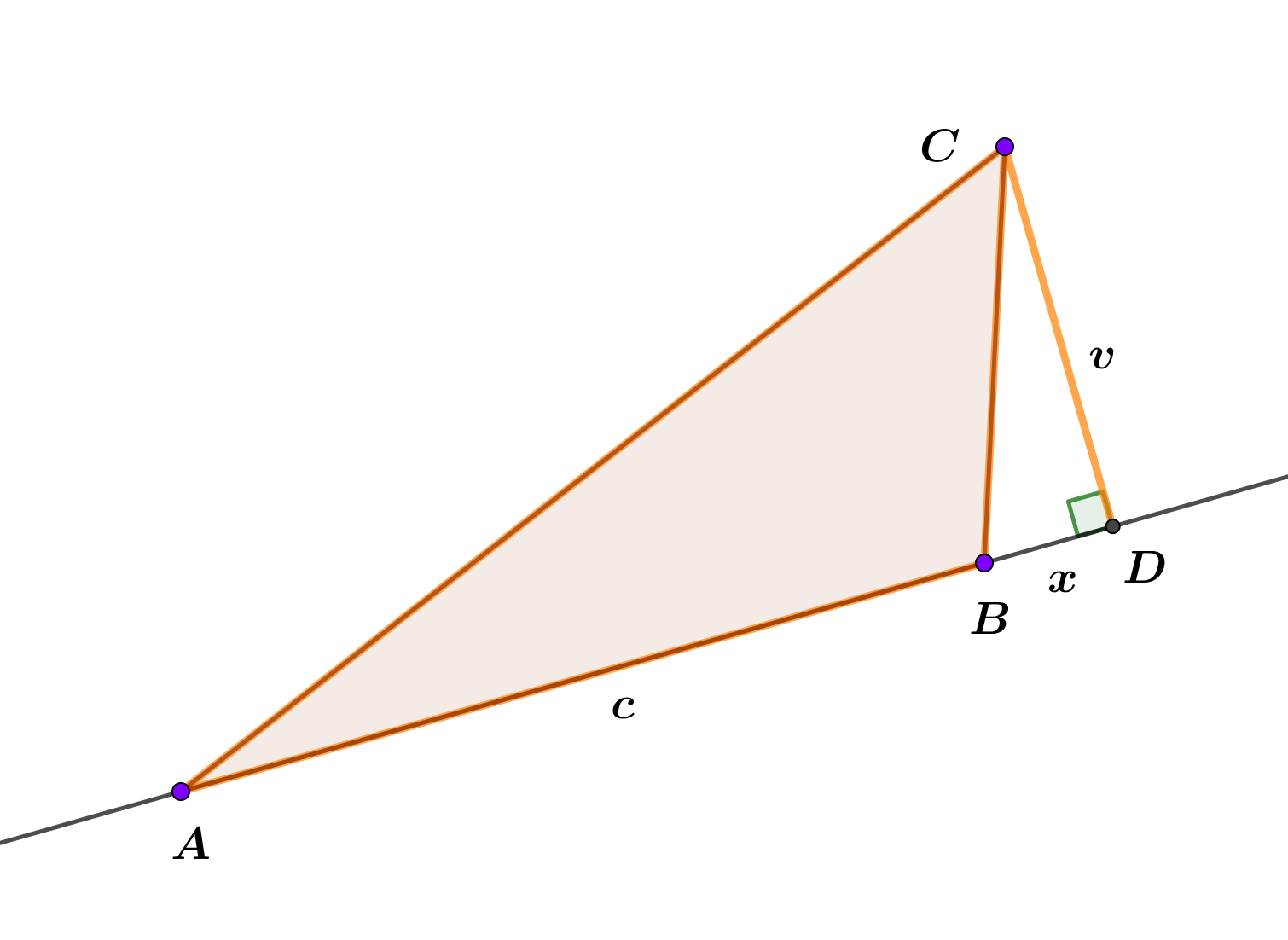 Na slici je tupokutni trokut. Označena je visina i projekcije dviju stranica na treću.