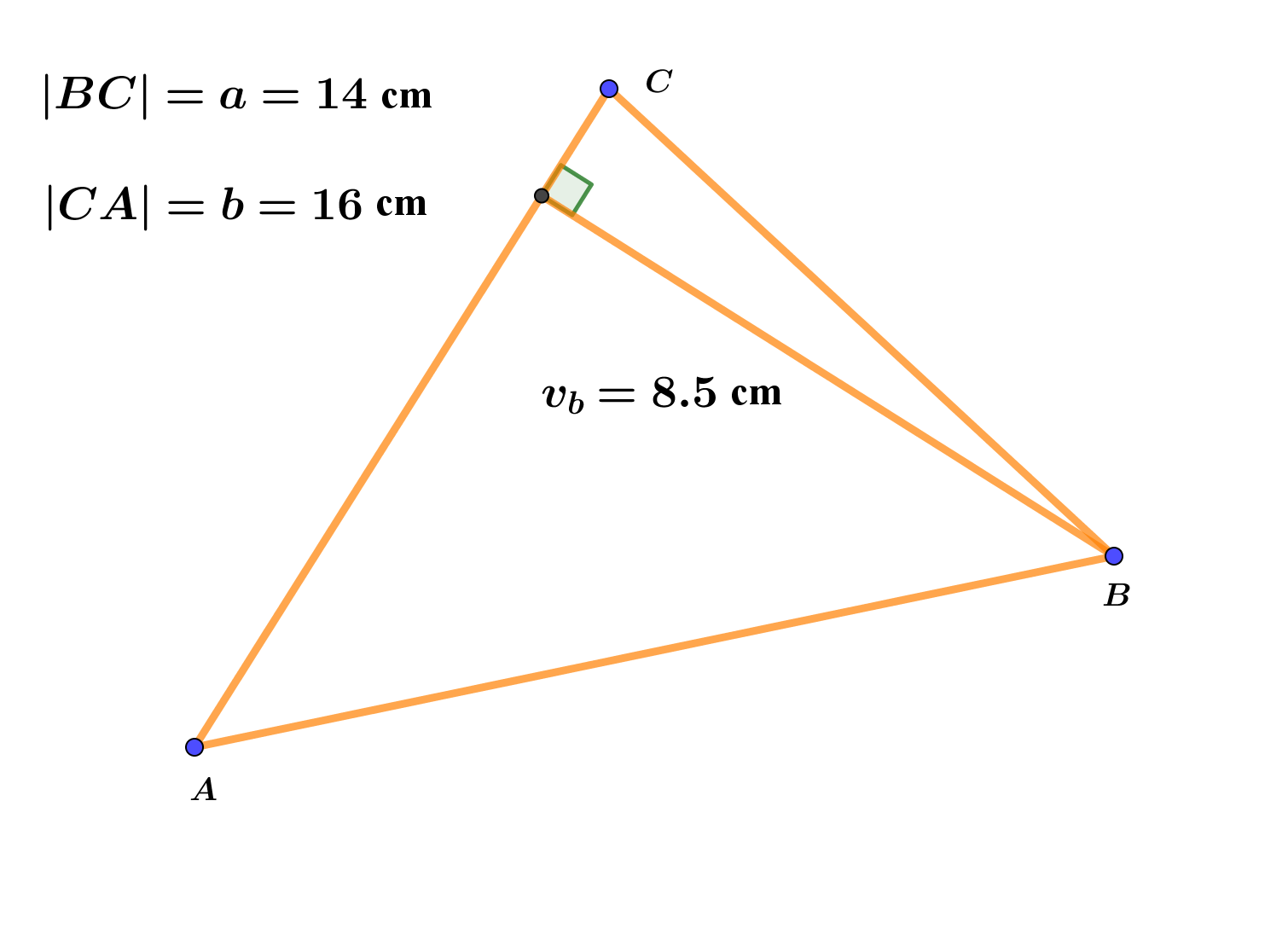 Na slici je trokut sa stranicama a=14 cm, b=16 cm i visinom vb=8.5 cm.