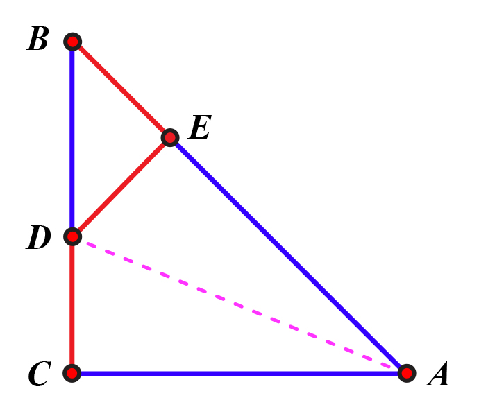 Na slici je jednakokračni pravokutni trokut u kojem je nacrtana simetrala šiljastog kuta i okomica na hipotenuzu iz sjecišta simetrale kuta i katete.