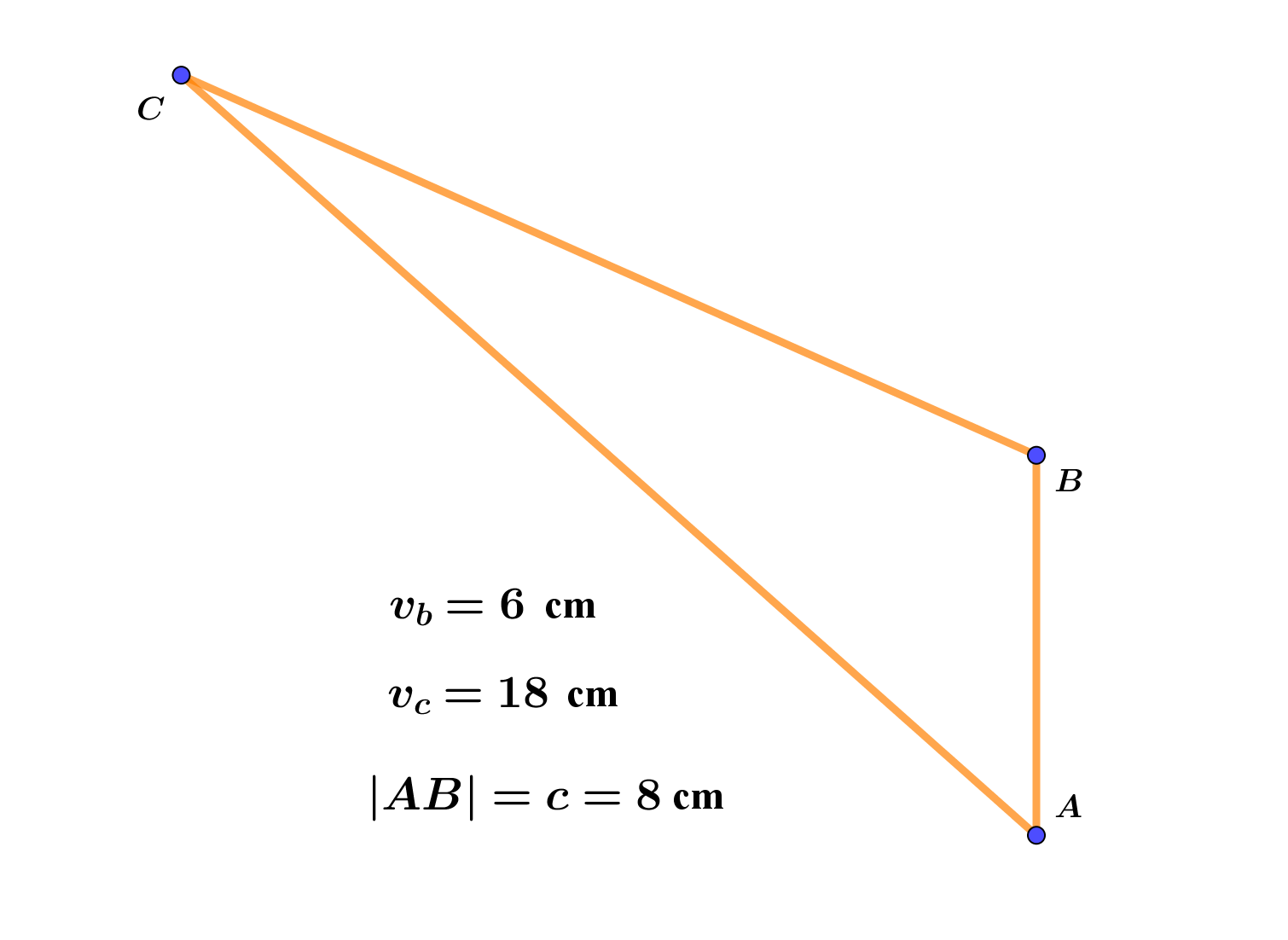 Na slici je trokut sa stranicom c=8 cm i visinama vb=6 cm i vc=18 cm..