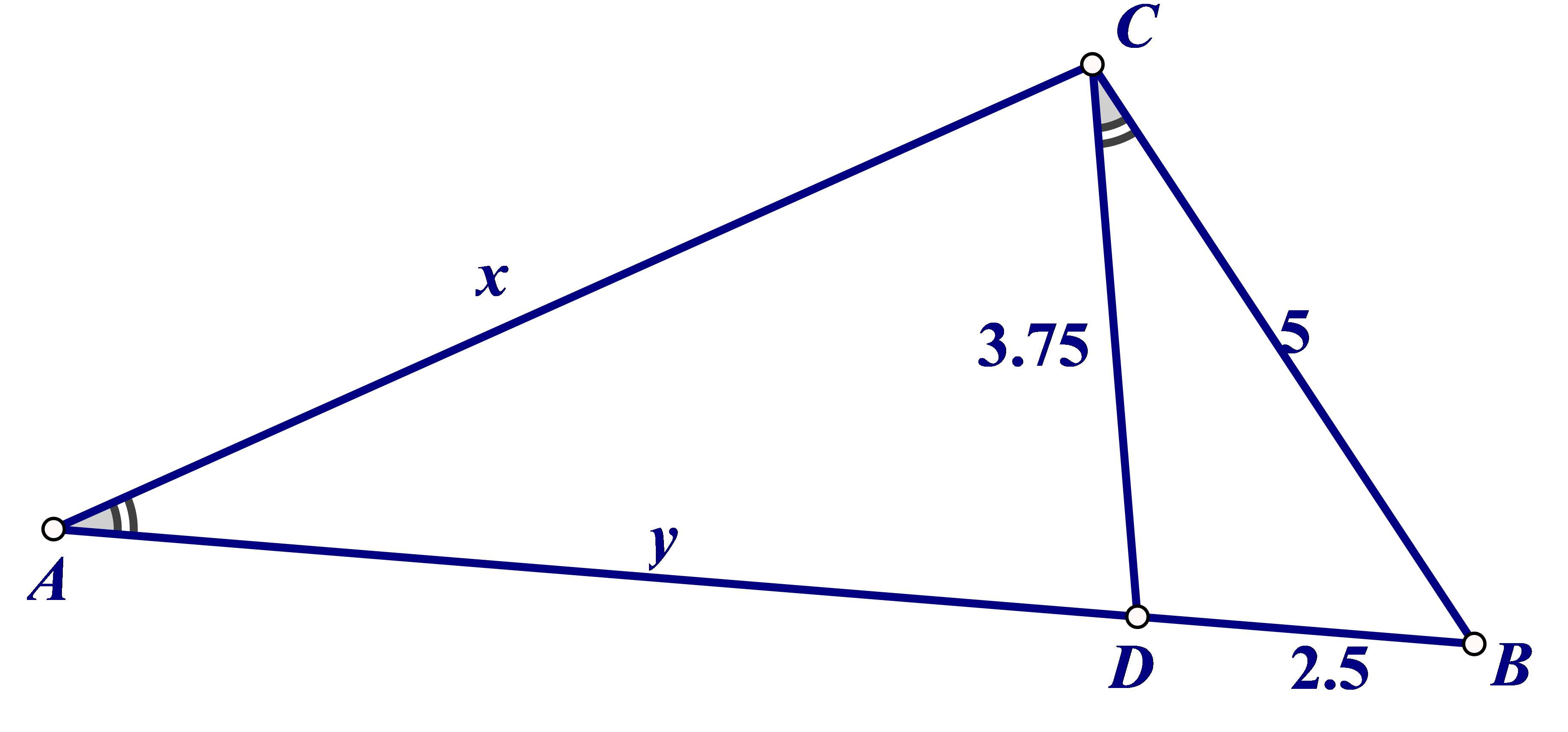 Na slici je trokut s nepoznatim veličinama.