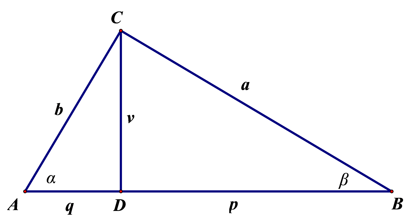 Na slici je pravokutni trokut. Nacrtana je visina na hipotenuzu i označene su ortogonalne projekcije kateta na hipotenuzu.