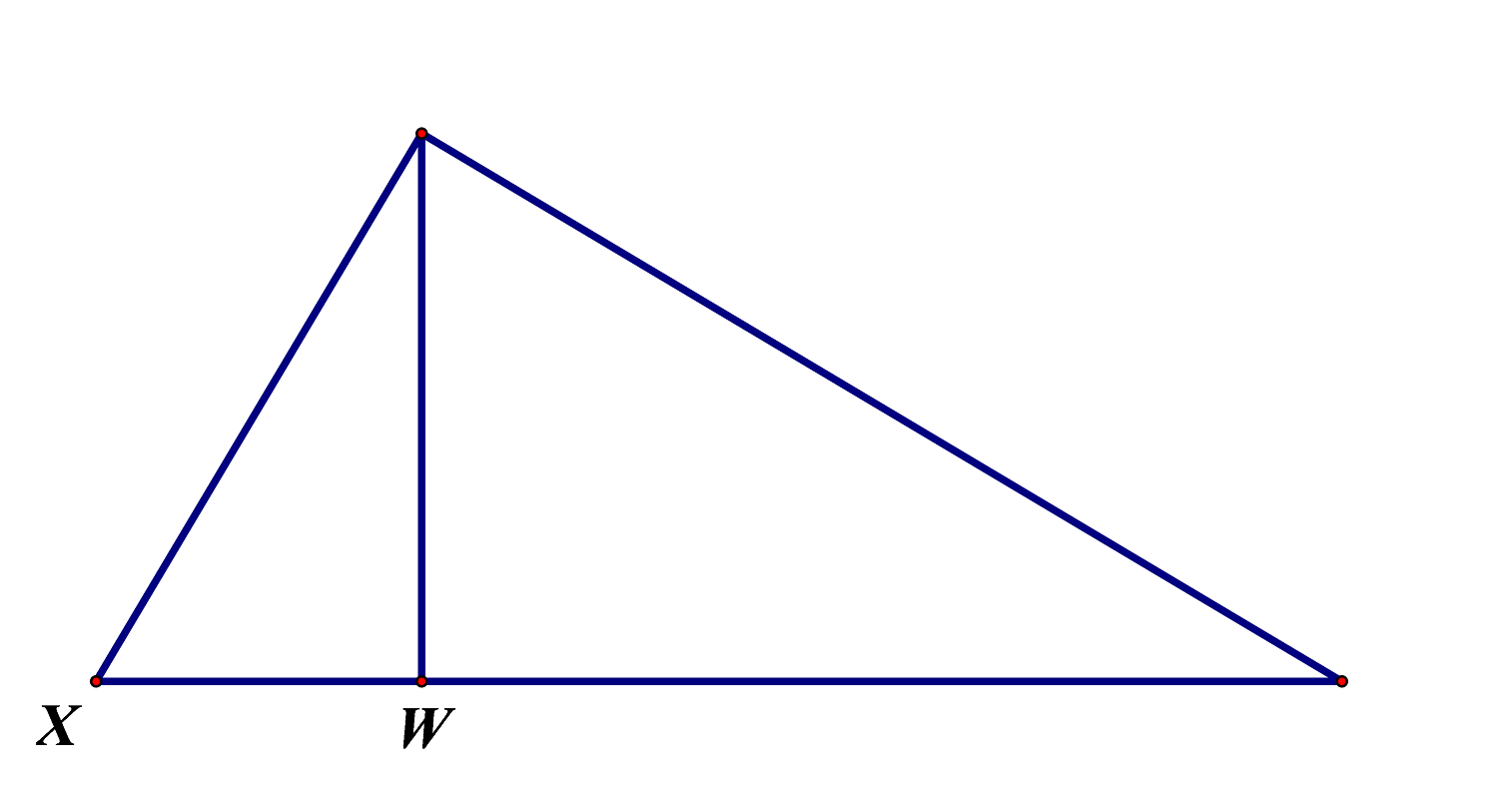 Na slici je pravokutni trokut s vrhom X i nožištem visine W.