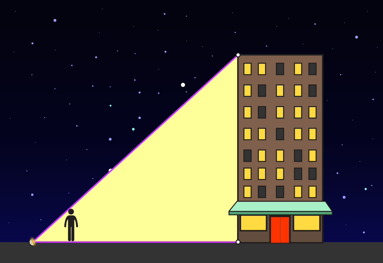 Na slici je sjena čovjeka od reflektora koji osvjetljava zgradu.
