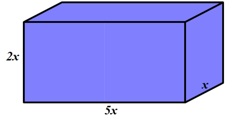 Na slici je kvadar sa stranicama duljina x, 2x i 5x.