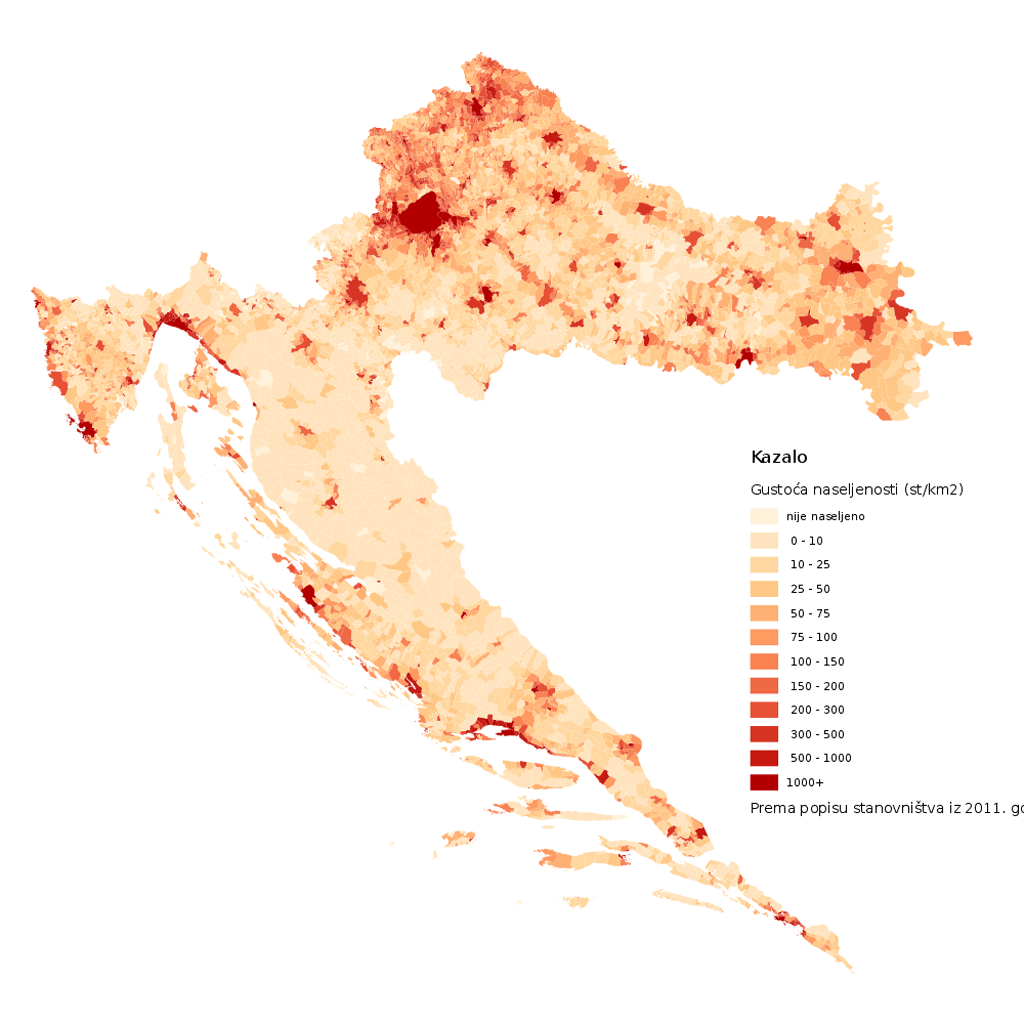 Slika prikazuje gustoću stanovništva na karti Hrvatske