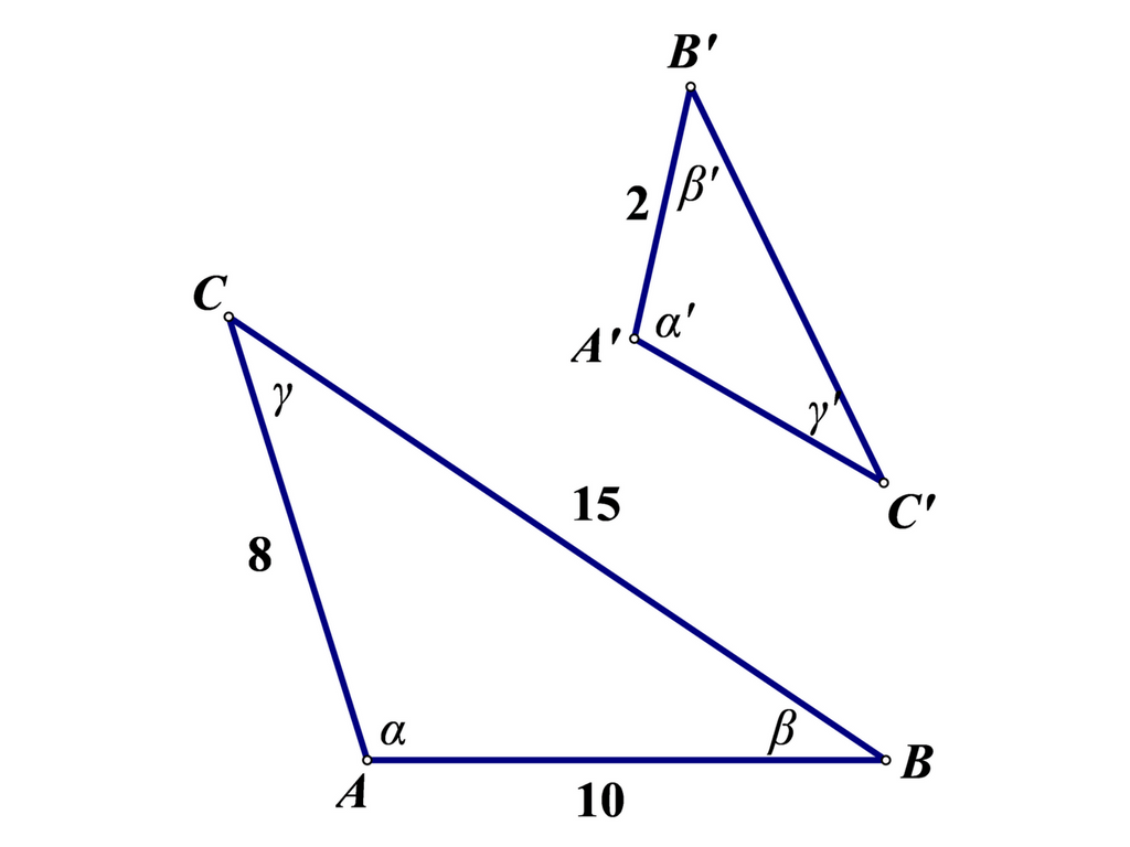 Na slici je trokut s kutovima alfa, beta i gama nasuprot kojih su stranice duljina 15, 8, 10. Slični trokut ima stranicu duljine 2 nasuprot kutu gama.
