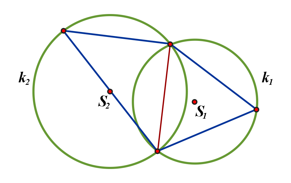 Ilustracija prikazuje dvije kružnice koje se sijeku,  jednakostraničan trokut upisan jednoj, a pravokutni trokut upisan drugoj kružnici. Zajednička tetiva jedna je od stranica tih trokuta