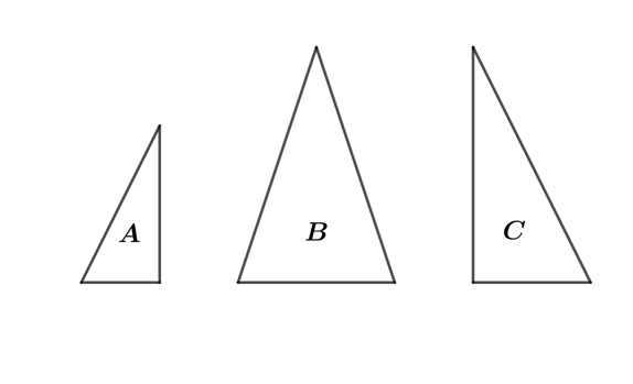Na slici su pravokutni trokuti A i C i jednakokračni trokut B.