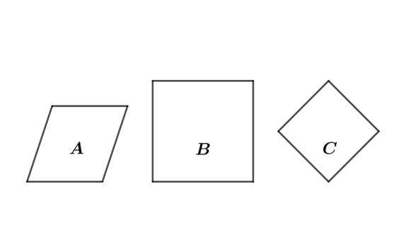 Na slici je romb A i kvadrati B i C.