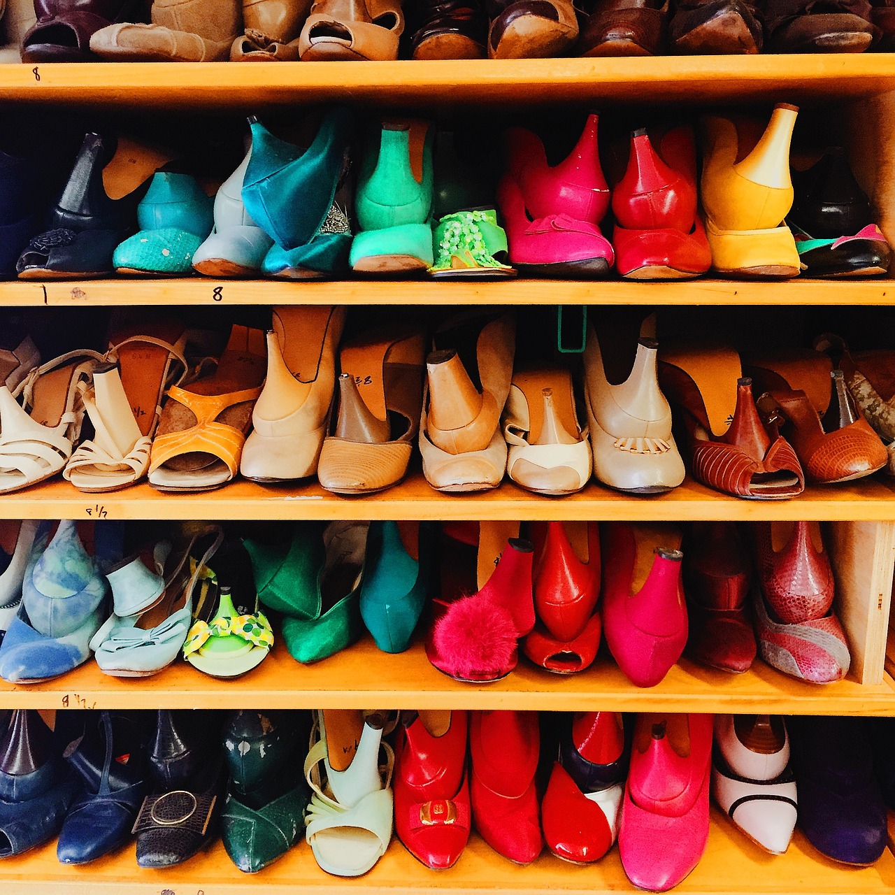 Mnoštvo ženskih cipela različitih veličina.