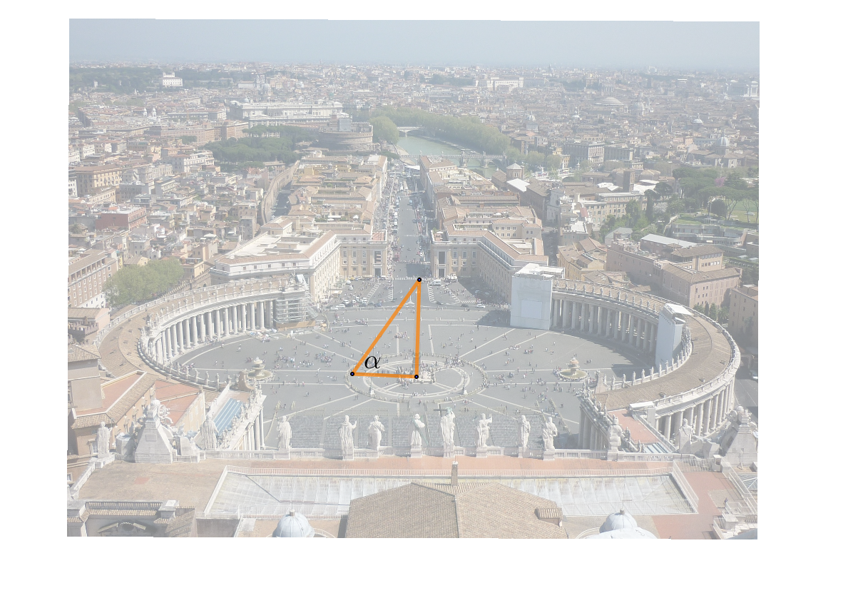 Na slici je obelisk na Trgu svetog Petra u Vatikanu. Označen je pravokutni trokut čije su katete obelisk i sjena.