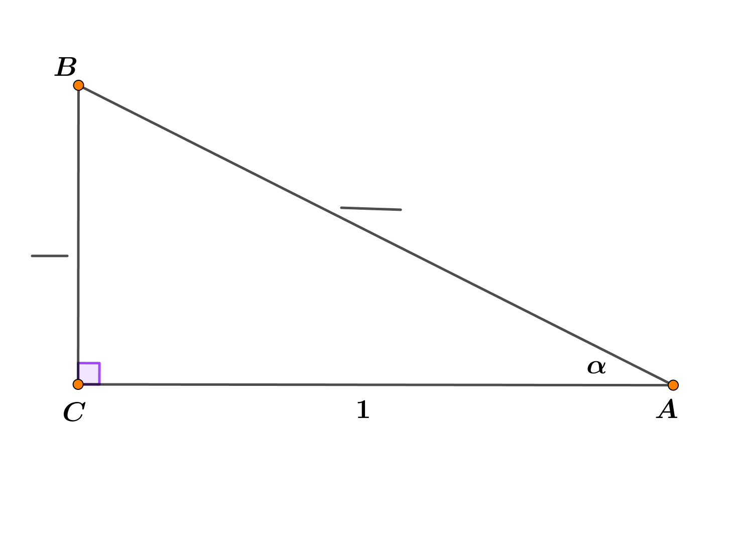 Na slici je pravokutni trokut s označenim kutom alfa i priležećom katetom duljine 1.