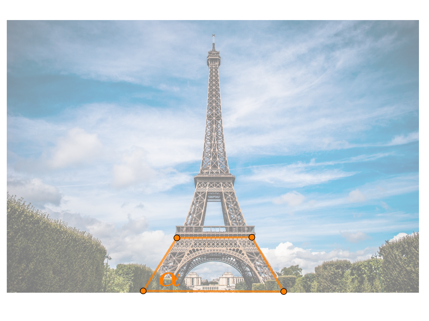 Na slici je Eiffelov toranj. Označen je trapez.