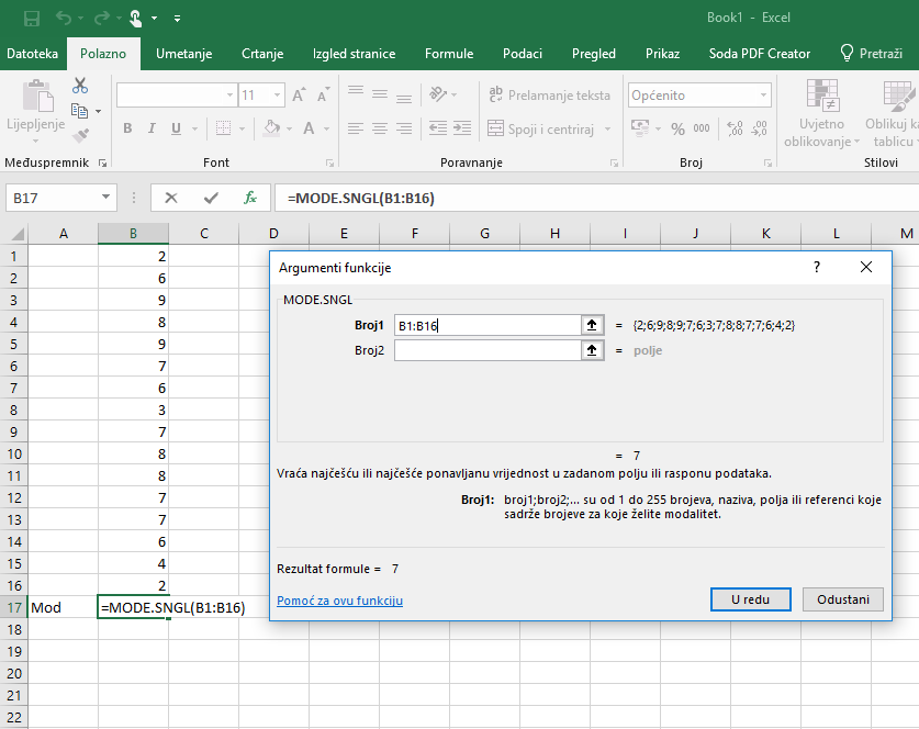 Računanje MODa u Excelu