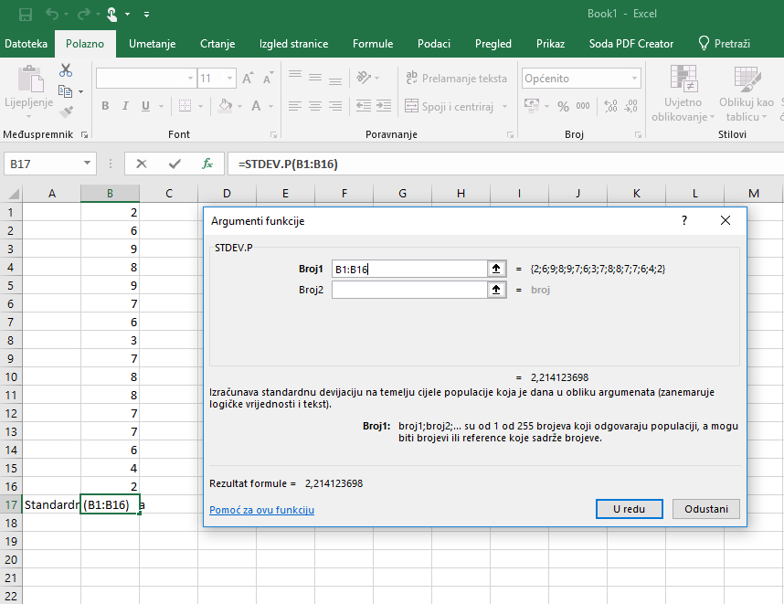Računanje standardne devijacije u Excelu