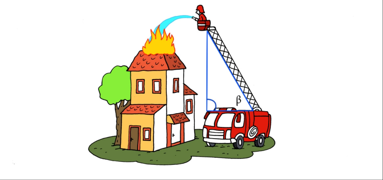 Na slici je kuća i vatrogasne ljestve s kojih vatrogasac gasi požar.