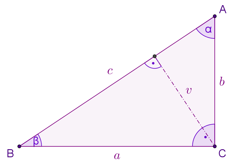 Pravokutni trokut s oznakama stranica (a, b, c) i kutova (alfa i beta)