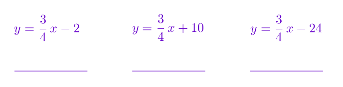 Slika prikazuje jednadžbe triju pravaca: y=3/4x-2, y=3/4x+10, y=3/4x-24